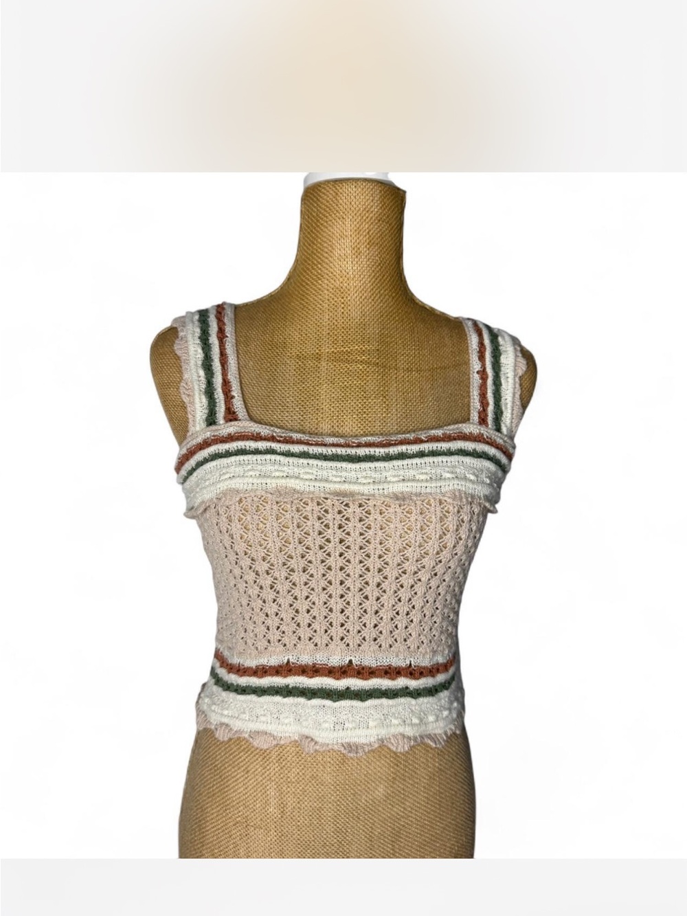Women’s Lace Knit Square-Neck Crop Top in Beige with Striped Trim
